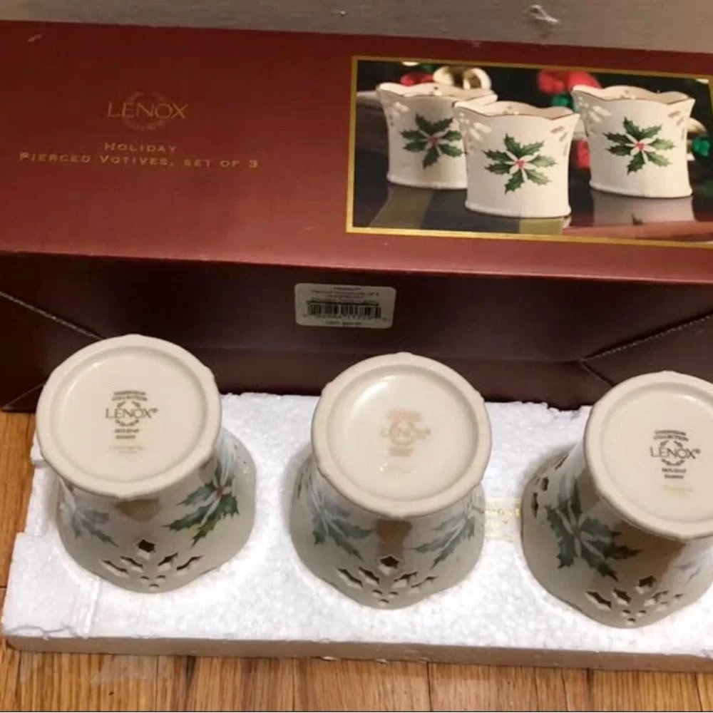 Lenox Holiday Holly Porcelain Pierced Votives Set of 3 Pieces